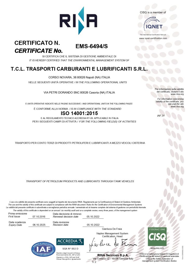 Certificato RINA - ISO 14001