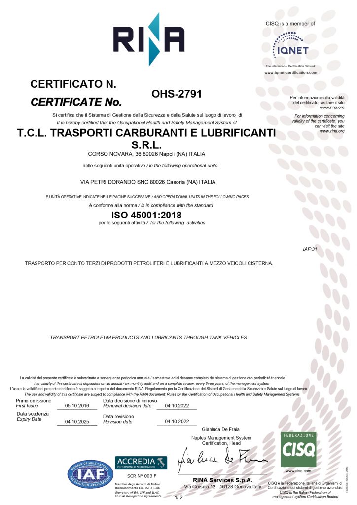 Certificato RINA - ISO 45001